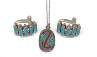 Turquoise & Sterling Clip On Earrings & Necklace