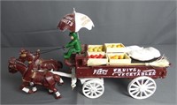 Vintage Fresh Fruits Cast Iron Horse Drawn Wagon T