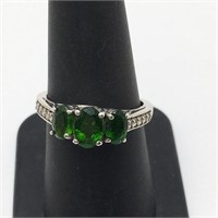 Sterling Silver Ring W Green & Clear Stones