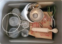 Tote of various sized glass jara, strainer,