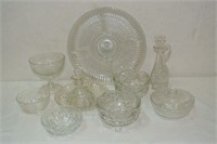 Glass divided serving plates, bowls, cruets etc