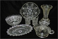 Clear glass divided bowls, plates, lemon squeeze,