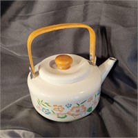 Enamel Teapot White & Floral Kettle w/ Wood Handle