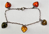 Sterling 3 Amber Heart Bracelet 8 Grams