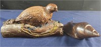 Resin quail on log and wood Seashell
