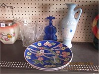 Glassware Lot-Plates,Blue Violin Bottle, Urn Bott,