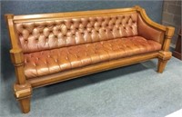 Button Tufted Leather Sofa w/ Wood Trim