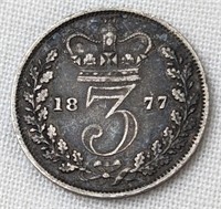 1877 UK THREE PENCE SILVER COIN