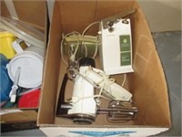 3 boxes of plastic items, hand mixers, can opener