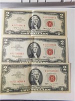 3 red seal 1963 dated $2 bills