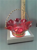 New Martinsville crimped red bowl with gold metal