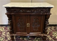 Ornate Carved Wood Cabinet w/ Marble Top