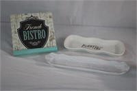 Bistro sign, garlic bread tray 14"L and Planters