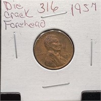 1957 WHEAT PENNY CENT DIE CRACK IN FOREHEAD
