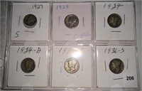 6 Silver Mercury Dimes, 20's & 30's, one
