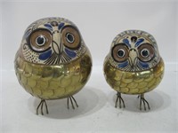 Pair Mexican Brass & Pottery Owls Signed