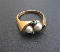 Vtg 10kt Gold Pearl & Torquoise Ring Sz 6