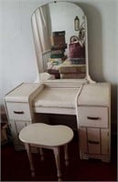 Vanity dresser painted white with stool