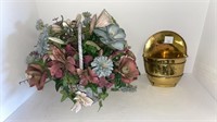 Artificial flower arrangement, metal wall hanging