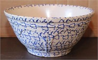 Blue sponge decorated stoneware bowl; 13" dia x