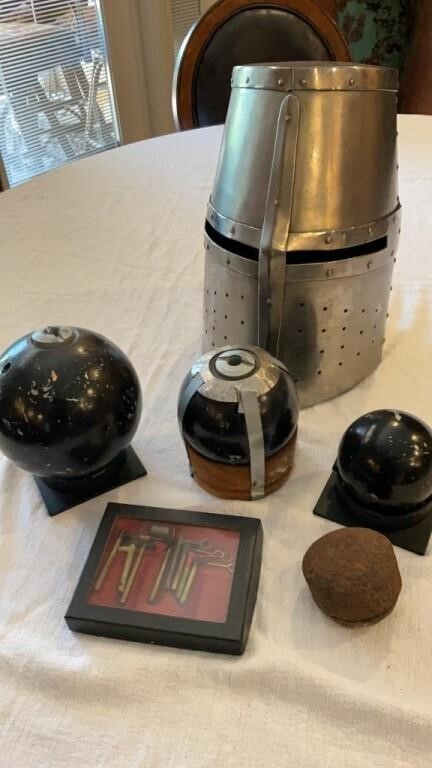 Antique Artillery Rounds & Crusader Armor Helmet