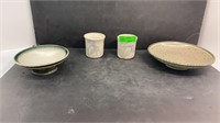Pottery cups 3.5x3in & bowl 7in 9in