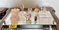 Vintage Mirrored Tray with Perfume Bottle, Trinket