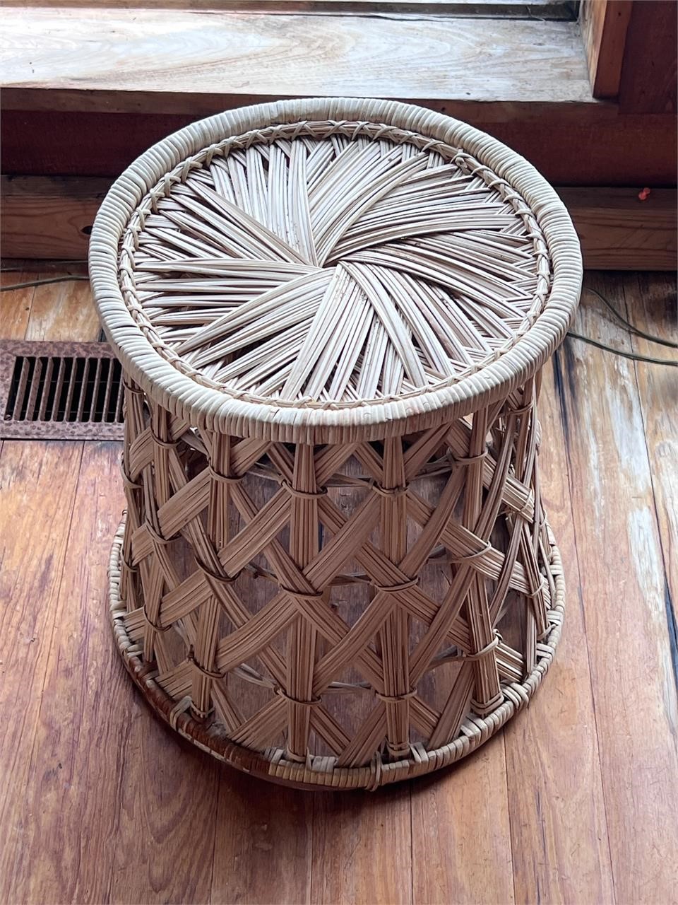 Vintage 1960s Rattan Drum Table Stool Plant Stand