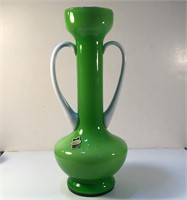 EMPOLI CASED GLASS VASE ITALY APPLIED HANDLES