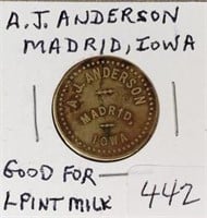 AJ Anderson Madrid Iowa Good for 1 Pint Milk Token