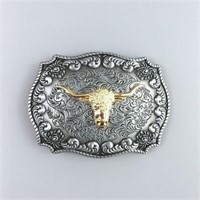 Silver Gold Western Long Horn Bull Belt Buckle