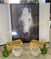 Horse Picture, 2 Wooden Boxes, 2 Bowls, Glass