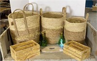 Set of 3 Wicker Baskets, 2 Wooden Boxes,