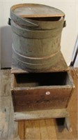 Antique sugar bucket with wood crate ice fishing