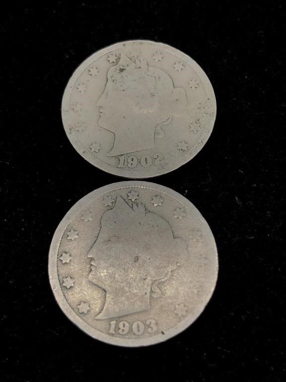 Pair of 5C Antique V Nickel Coins- 1902, 1903