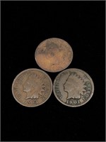 Three Antique 1C Indian Head Penny Coins- 1901,