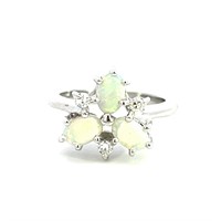 14K WHITE GOLD 0.10CT DIAMOND 3 STONE OPAL RING