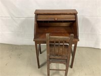 Child’s Oak Roll Top Desk and Chair