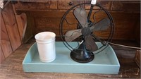 Vintage 4 blade electric fan, pottery barn pot