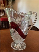 Antique crystal, red flash, pitcher 9"h
