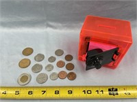 Canadian Coins and Plastic Bank With Combination