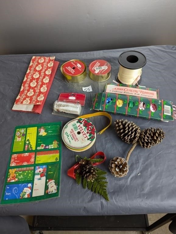 Box Lot of Various Christmas Ribbon/Tissue Paper