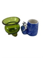 Green Glass and Delft Blue Toothpick Holders