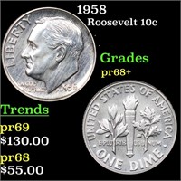 Proof 1958 Roosevelt Dime 10c Grades GEM++ Proof