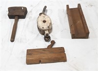 Vintage molding planes, wood mallet, block pulley