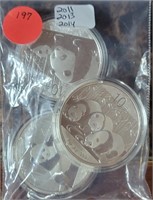 2011, 2013, 2014 10 YUAN SILVER PANDA COINS