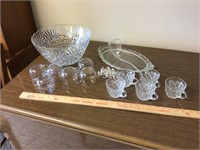 Punch bowl with cups & ladle and glass tray