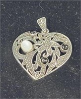Sterling Silver Heart  Pendent w/MOP & Black
