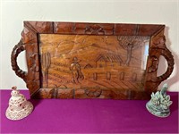Carved Wood / Glass Tray and Bells Mexico