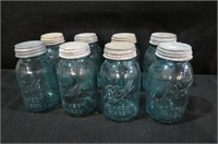 (8) QUART  BLUE JARS W/ ZINC LIDS